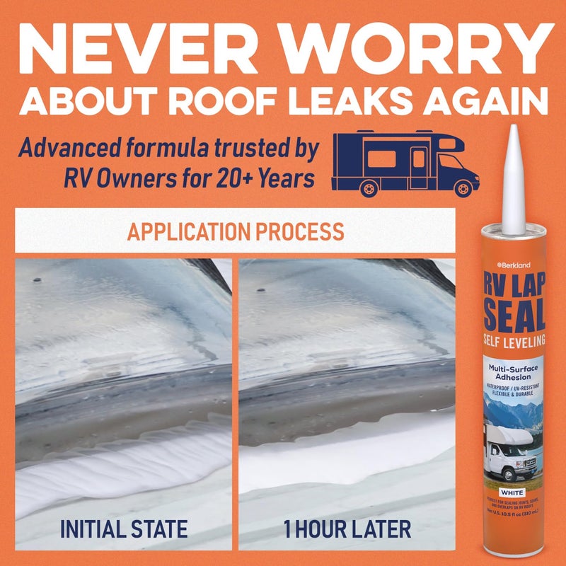 Berkland [2 Pack] RV Roof Sealant – [10 oz] Professional Self-Leveling Lap Caulk for Roof Leak Repair, Crack Sealing, UV & Weather Resistant, Easy Application White Sealant for RV, Camper, Trailer, Motorhome - Image 4